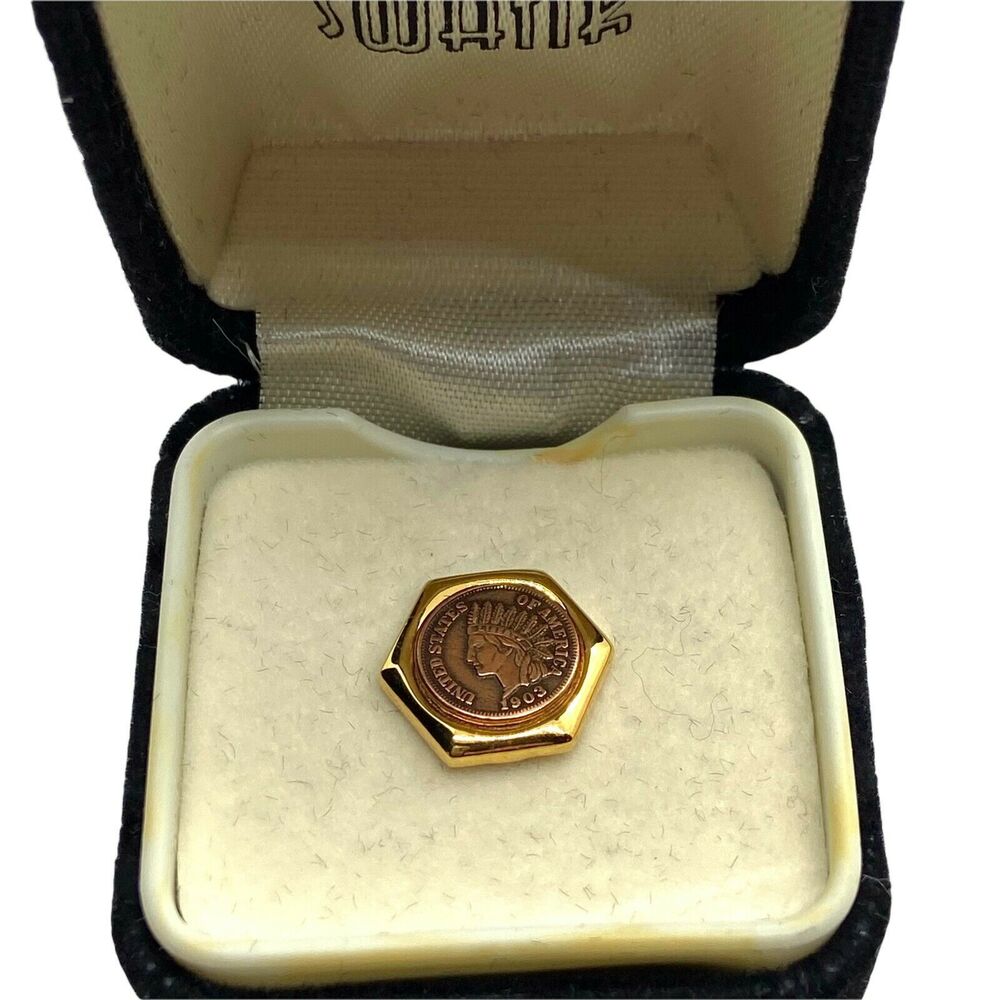 Miniature Penny Tie Tack Vintage Swank Men's Gold Tone Hexagon 1903 Indian Head